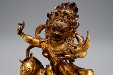 A Sino-Tibetan gilt bronze group of Palden Lhamo, 19/20th C.