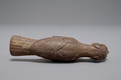 A Chinese bronze cane handle in the shape of a mythological bird, Han or later