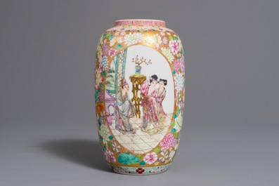 A Chinese famille rose millefleurs vase with figurative medallions, 20th C.