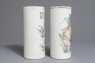 A pair of Chinese qianjiang cai landscape hat stands, 19/20th C.
