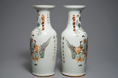 A pair of large Chinese qianjiang cai vases with ladies in a garden, 19/20th C.