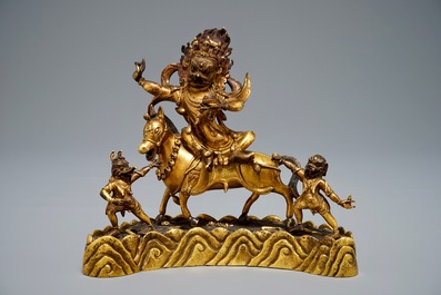 A Sino-Tibetan gilt bronze group of Palden Lhamo, 19/20th C.