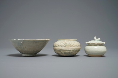 Three Chinese qingbai and grey-glazed bowls and jarlets, Song and Ming