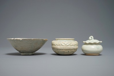 Three Chinese qingbai and grey-glazed bowls and jarlets, Song and Ming