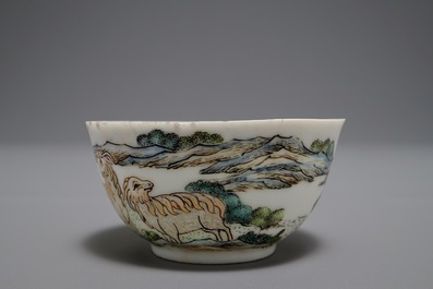 A Chinese famille rose cup and saucer depicting Lie Ti Guai with three goats, Yongzheng