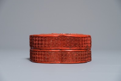 A Chinese flower-shaped cinnabar lacquer box with figures in a landscape, 18/19th C.