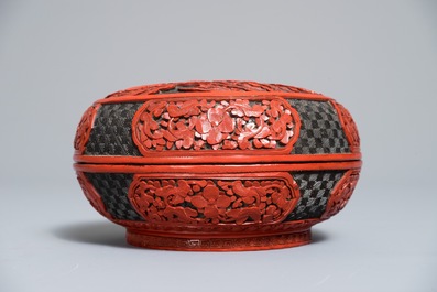 Three round Chinese cinnabar lacquer covered boxes with figures in landscapes, 19/20th C.