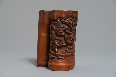 A Chinese carved and inscribed bamboo brushpot, 19th C.
