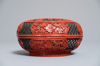 Three round Chinese cinnabar lacquer covered boxes with figures in landscapes, 19/20th C.