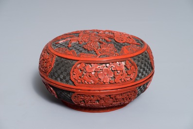 Three round Chinese cinnabar lacquer covered boxes with figures in landscapes, 19/20th C.