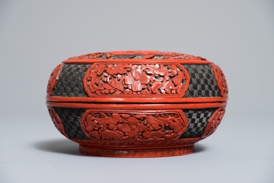 Three round Chinese cinnabar lacquer covered boxes with figures in landscapes, 19/20th C.