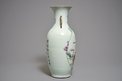 A Chinese famille rose vase with the immortal Magu with a deer, 19/20th C.