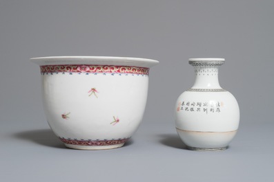 Two Chinese famille rose brush pots, a vase and a jardini&egrave;re, 19/20th C.