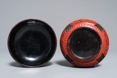 Three round Chinese cinnabar lacquer covered boxes with figures in landscapes, 19/20th C.