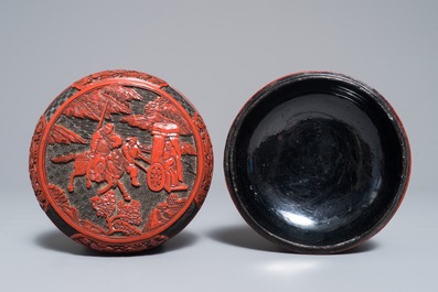 Three round Chinese cinnabar lacquer covered boxes with figures in landscapes, 19/20th C.