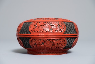 Three round Chinese cinnabar lacquer covered boxes with figures in landscapes, 19/20th C.