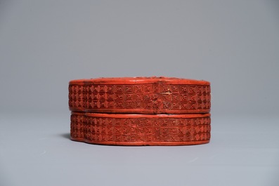 A Chinese flower-shaped cinnabar lacquer box with figures in a landscape, 18/19th C.