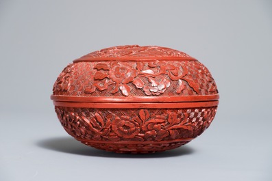 Two Chinese cinnabar lacquer boxes with dragons and figures in a landscape, 19/20th C.