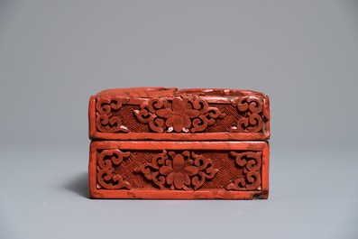 Een rechthoekige Chinese dekseldoos in rood lakwerk met figuren in een landschap, 18/19e eeuw