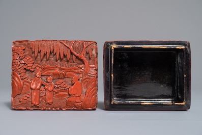 A rectangular Chinese cinnabar lacquer box and cover with figures in a landscape, 18/19th C.