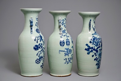 Three Chinese blue and white on celadon ground vases, 19/20th C.