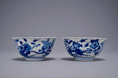 A pair of Chinese blue and white lobed phoenix bowls, Kangxi