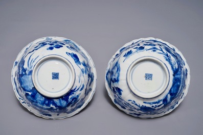 A pair of Chinese blue and white lobed phoenix bowls, Kangxi