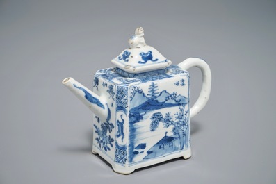 A Chinese blue and white rectangular teapot with landscape design, Kangxi