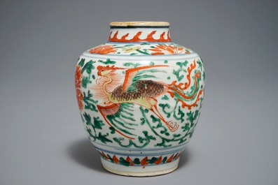 A Chinese wucai 'double phoenix' vase, Transitional period