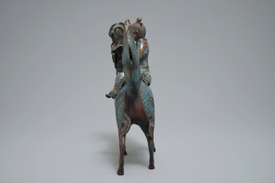 A Chinese bronze and cloisonn&eacute; incense burner shaped as a sage on a qilin, seal mark, 19th C.