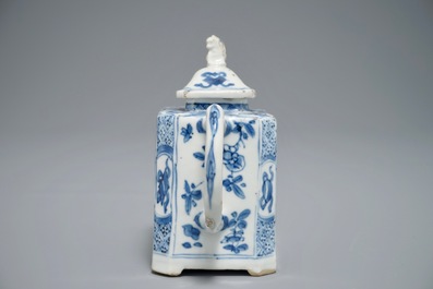A Chinese blue and white rectangular teapot with landscape design, Kangxi
