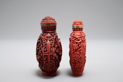 Two Chinese cinnabar lacquer snuff bottles, Qianlong marks, 19th C.