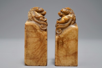 Two Chinese Shoushan stone seals with Buddhist lions, 19/20th C.