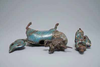 A Chinese bronze and cloisonn&eacute; incense burner shaped as a sage on a qilin, seal mark, 19th C.