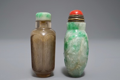 Two Chinese smoked quartz and jadeite snuff bottles, 19/20th C.
