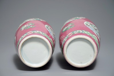 A pair of famille rose style vases with roosters on a pink ground, Samson, Paris, 19th C.