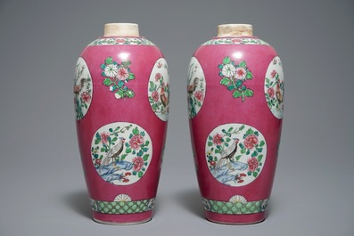 A pair of famille rose style vases with roosters on a pink ground, Samson, Paris, 19th C.