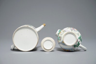 A Chinese famille verte teapot and milk jug, 19th C., and a famille rose cup and saucer, Qianlong