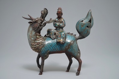 A Chinese bronze and cloisonn&eacute; incense burner shaped as a sage on a qilin, seal mark, 19th C.