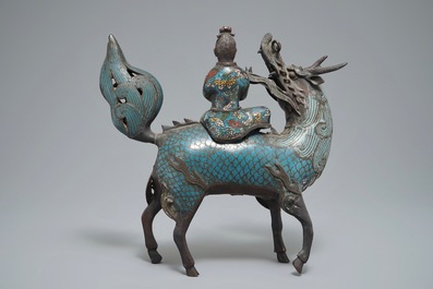 A Chinese bronze and cloisonn&eacute; incense burner shaped as a sage on a qilin, seal mark, 19th C.