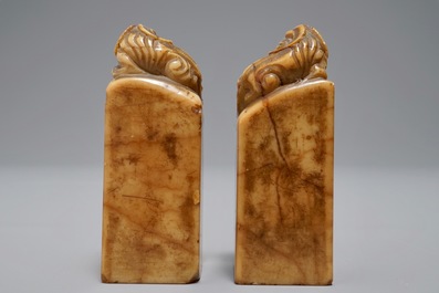 Two Chinese Shoushan stone seals with Buddhist lions, 19/20th C.