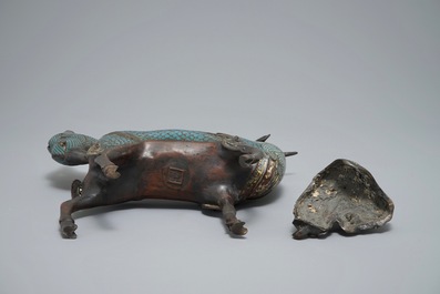 A Chinese bronze and cloisonn&eacute; incense burner shaped as a sage on a qilin, seal mark, 19th C.