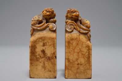 Two Chinese Shoushan stone seals with Buddhist lions, 19/20th C.