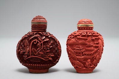 Two Chinese cinnabar lacquer snuff bottles, Qianlong marks, 19th C.