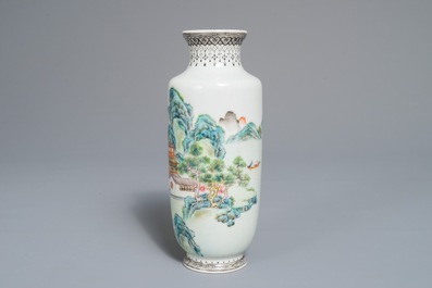 A Chinese famille rose landscape vase, Qianlong mark, Republic, 20th C.