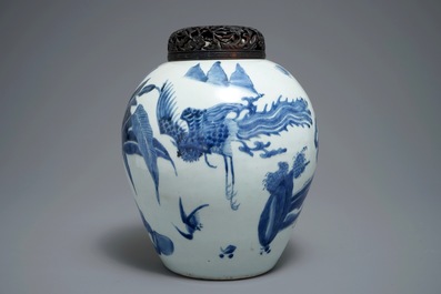 A Chinese blue and white 'qilin' jar, Transitional period