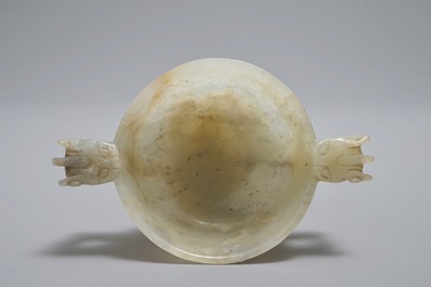 A Chinese mottled jade two-handled cup, Qing