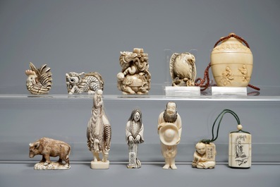 A collection of Japanese carved ivory netsuke and inro, Meiji to Showa, 19/20th C.