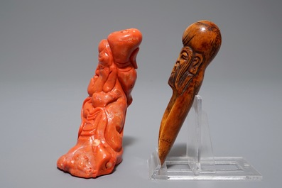 A Chinese carved coral figure and an ivory tea spoon, 19th C.