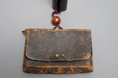 Four Japanese kiseru or tobacco pipe cases, a pipe and a pouch, Meiji, 19th C.